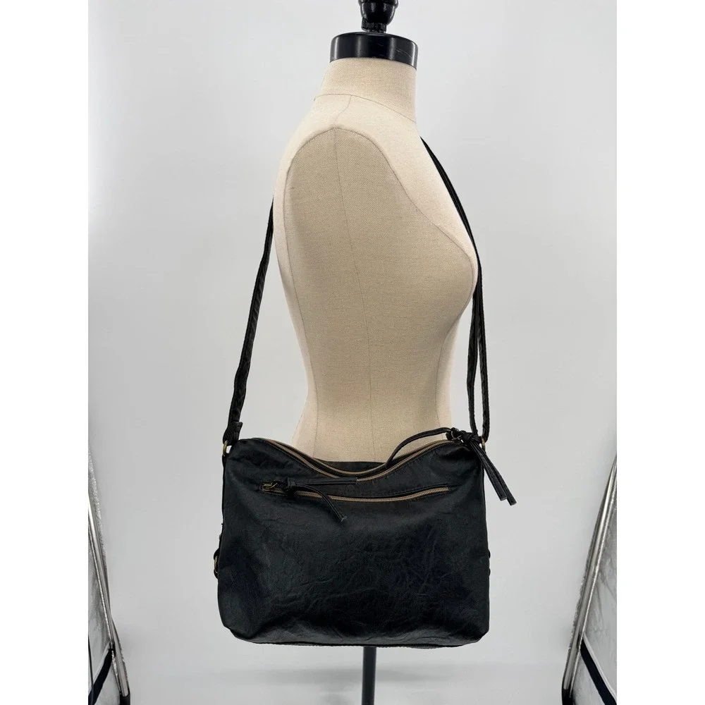 Stone & Co Black Crossbody Bag Multi Zip Pocket Distressed Leather Boho